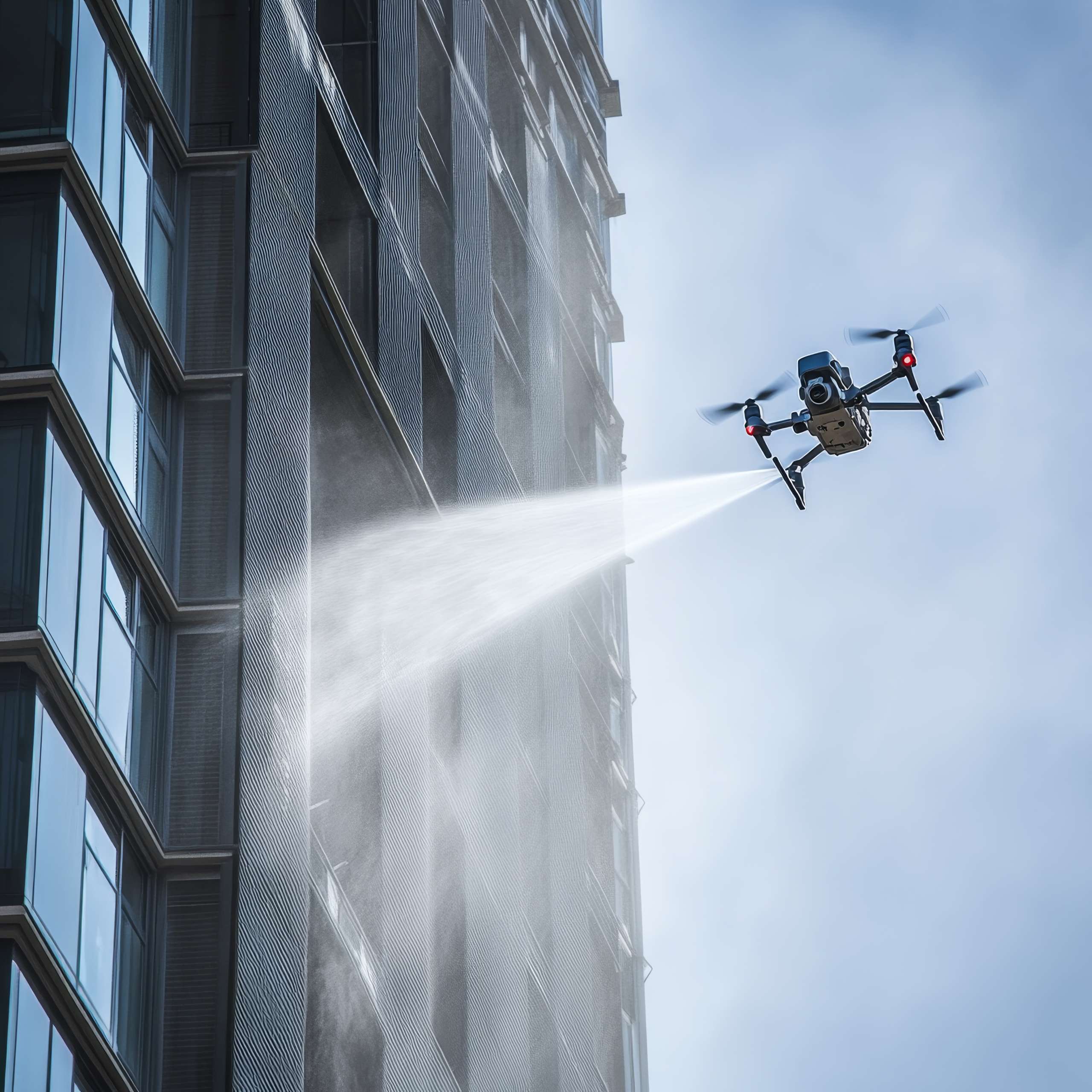 yüksek katlı binanın camlarına tazyikli su püskürten drone